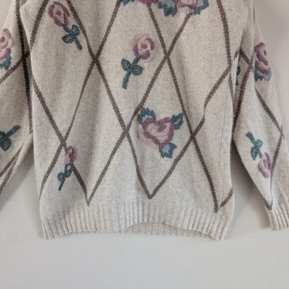 Wool Blend Embroidered Floral Cottagecore Sweater - Beige‎ Diamond Pattern - Picture 5 of 9